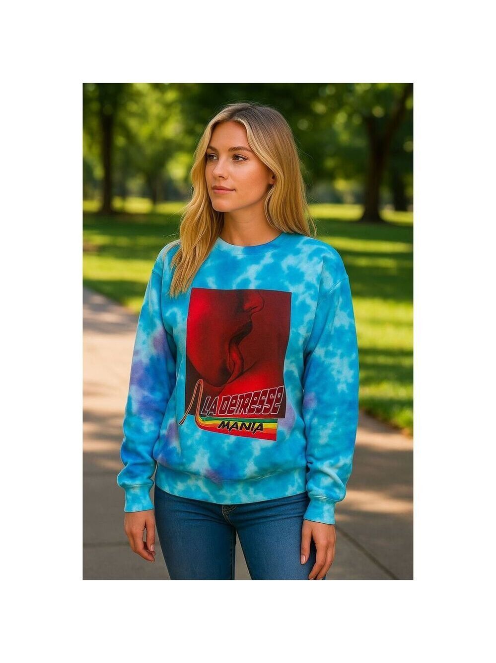 La Detresse “Mania” Tie Dye Sweatshirt M Blue Purple Graphic Crewneck NWT